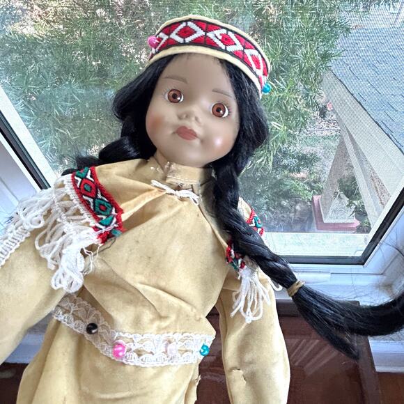 Vintage Porcelain Native American-Inspired Doll with Braids and Beaded Outfit - Picture 5 of 12